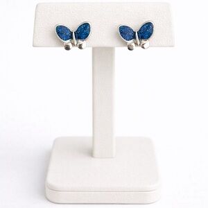 Blue Glitter Butterfly Stud Earrings Silver Tone